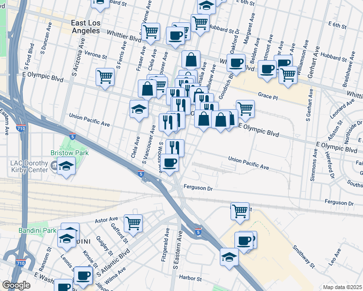 map of restaurants, bars, coffee shops, grocery stores, and more near 5303 Union Pacific Avenue in East Los Angeles