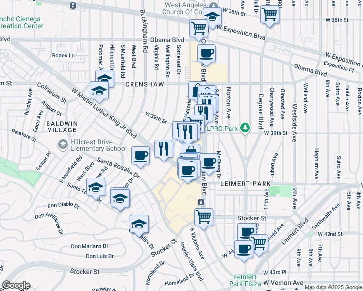 map of restaurants, bars, coffee shops, grocery stores, and more near 3901 Marlton Avenue in Los Angeles