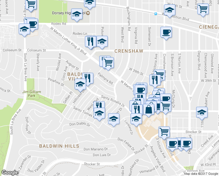 map of restaurants, bars, coffee shops, grocery stores, and more near 4018 Buckingham Road in Los Angeles