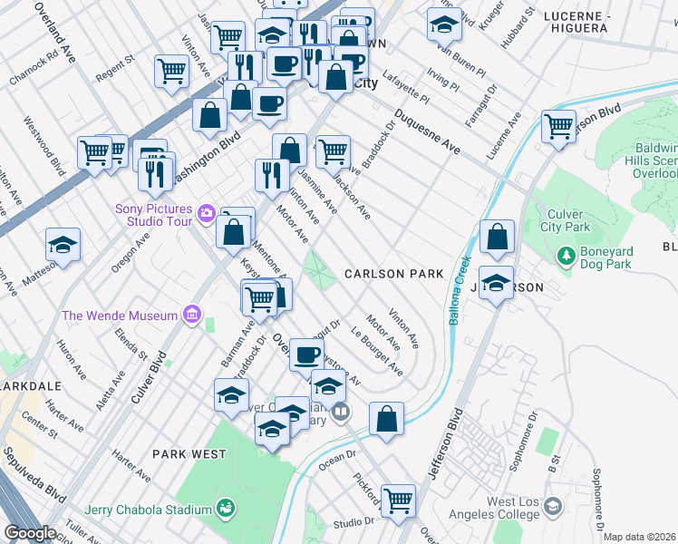 map of restaurants, bars, coffee shops, grocery stores, and more near 4259 Vinton Avenue in Culver City
