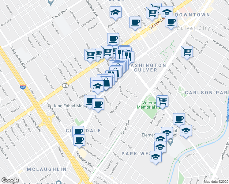 map of restaurants, bars, coffee shops, grocery stores, and more near 10822 Oregon Avenue in Culver City