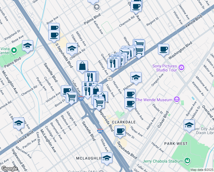 map of restaurants, bars, coffee shops, grocery stores, and more near 11028 Venice Boulevard in Culver City