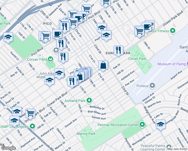 map of restaurants, bars, coffee shops, grocery stores, and more near 2020 Ocean Park Boulevard in Santa Monica