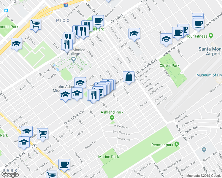 map of restaurants, bars, coffee shops, grocery stores, and more near 2516 18th Court in Santa Monica