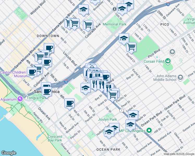 map of restaurants, bars, coffee shops, grocery stores, and more near 1820 9th Street in Santa Monica