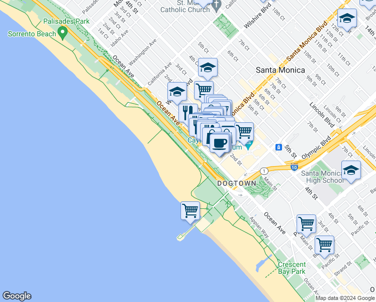 map of restaurants, bars, coffee shops, grocery stores, and more near 1401 Ocean Avenue in Santa Monica