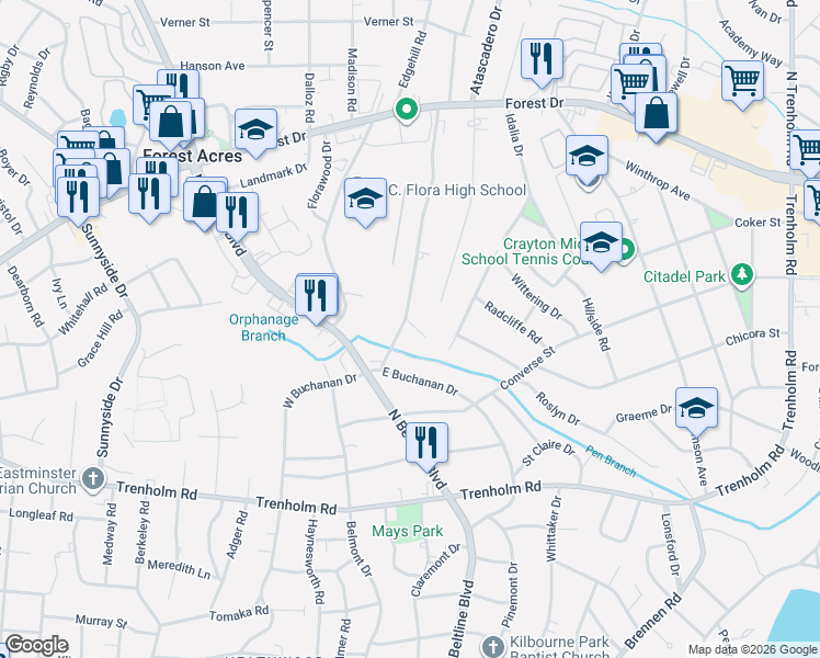 map of restaurants, bars, coffee shops, grocery stores, and more near 1041 Brentwood Drive in Columbia