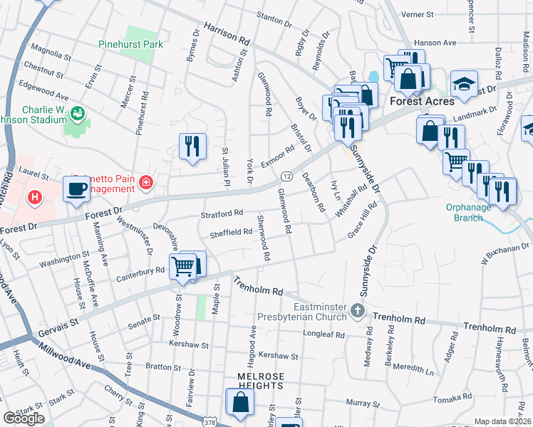 map of restaurants, bars, coffee shops, grocery stores, and more near 5 Glenwood Springs Court in Columbia
