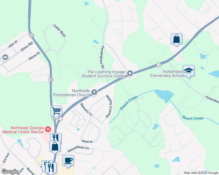 map of restaurants, bars, coffee shops, grocery stores, and more near 507 Jefferson Highway in Winder