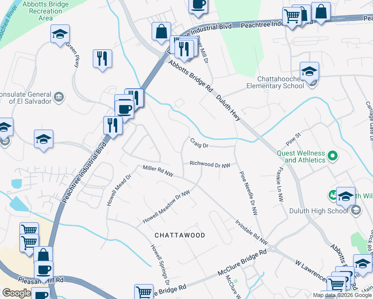 map of restaurants, bars, coffee shops, grocery stores, and more near 4056 Craig Drive in Duluth