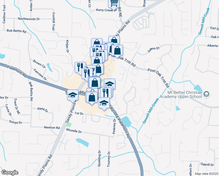 map of restaurants, bars, coffee shops, grocery stores, and more near 2556 Silver Star Drive Northeast in Marietta