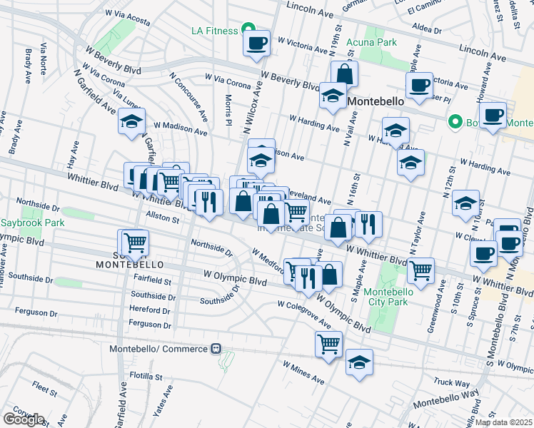 map of restaurants, bars, coffee shops, grocery stores, and more near 113 North 20th Street in Montebello