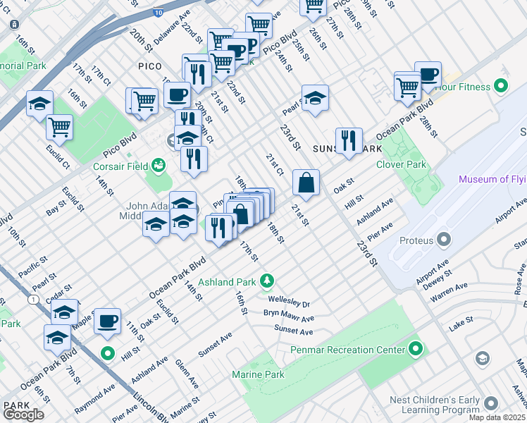 map of restaurants, bars, coffee shops, grocery stores, and more near 2516 18th Court in Santa Monica