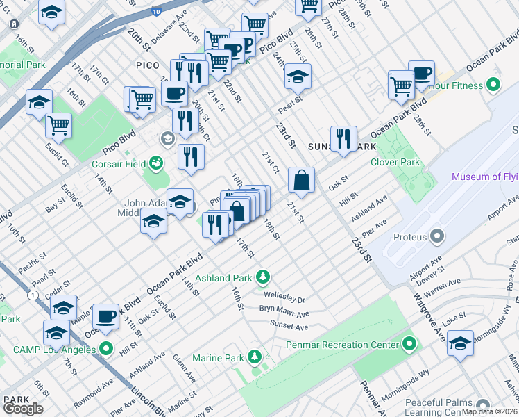 map of restaurants, bars, coffee shops, grocery stores, and more near 1811 Ocean Park Boulevard in Santa Monica