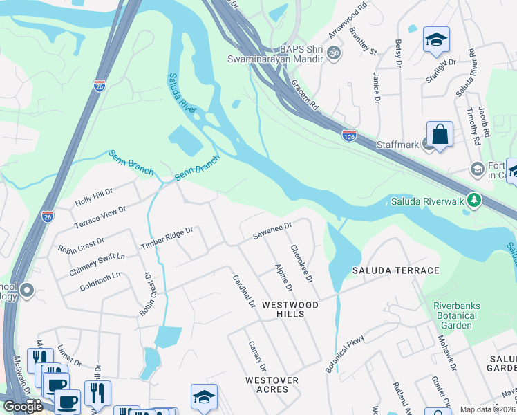 map of restaurants, bars, coffee shops, grocery stores, and more near 1 Holly Hill Drive in West Columbia