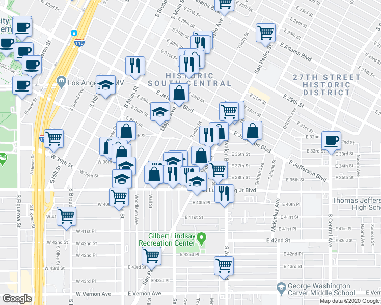 map of restaurants, bars, coffee shops, grocery stores, and more near 3626 1/2 Trinity Street in Los Angeles