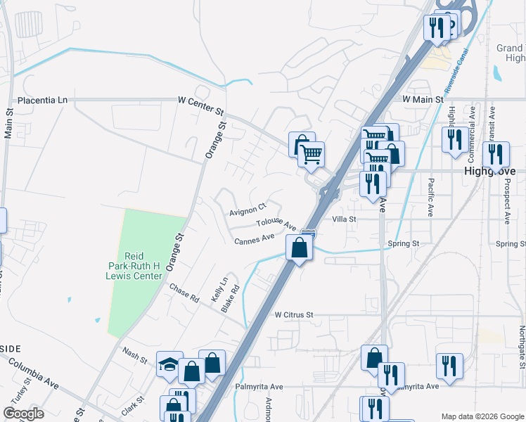 map of restaurants, bars, coffee shops, grocery stores, and more near 490 Avignon Court in Riverside
