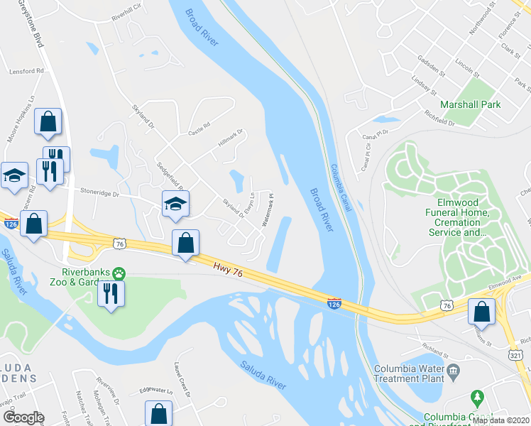 map of restaurants, bars, coffee shops, grocery stores, and more near 2024 Watermark Place in Columbia