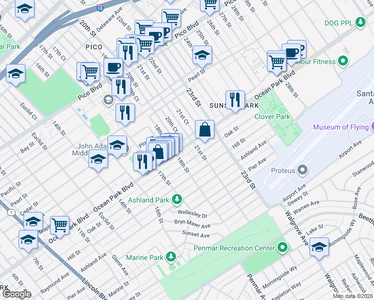 map of restaurants, bars, coffee shops, grocery stores, and more near 2010 Ocean Park Boulevard in Santa Monica