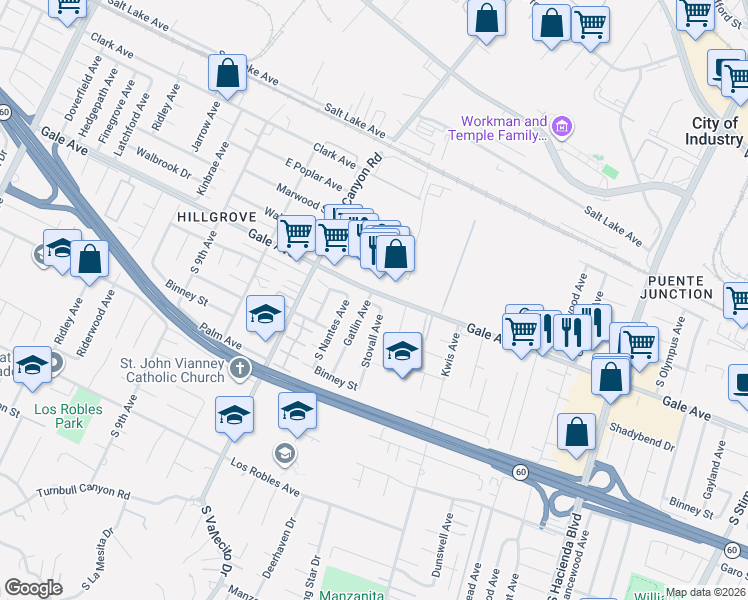 map of restaurants, bars, coffee shops, grocery stores, and more near 1114 Stovall Avenue in La Puente