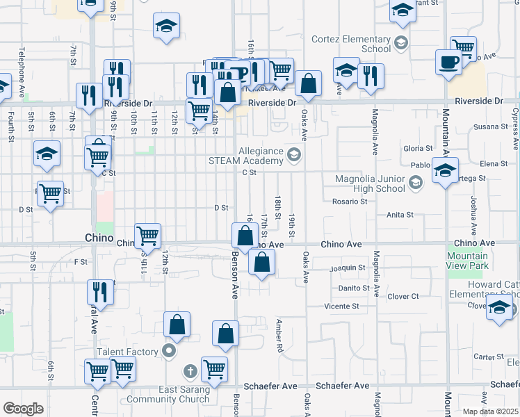 map of restaurants, bars, coffee shops, grocery stores, and more near 13202 17th Street in Chino