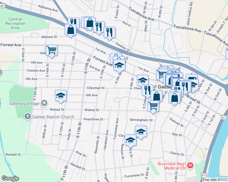map of restaurants, bars, coffee shops, grocery stores, and more near 862 Chestnut Street in Gadsden