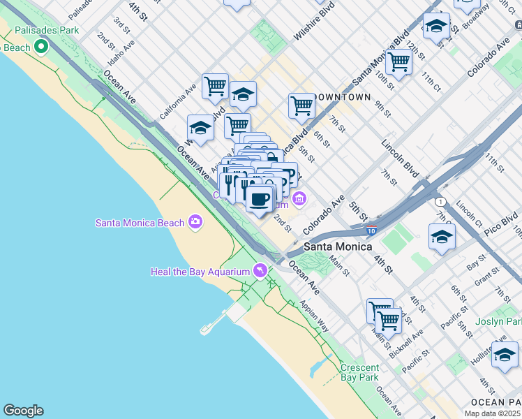 map of restaurants, bars, coffee shops, grocery stores, and more near 1431 Ocean Avenue in Santa Monica