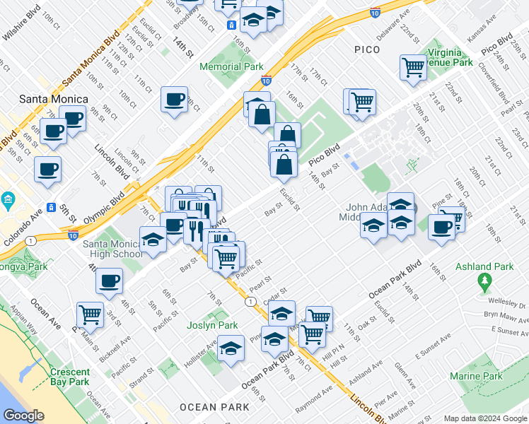 map of restaurants, bars, coffee shops, grocery stores, and more near 1113 Bay Street in Santa Monica