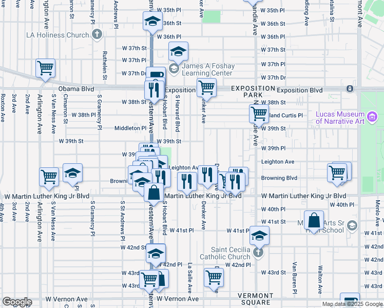 map of restaurants, bars, coffee shops, grocery stores, and more near 3920 1/4 La Salle Avenue in Los Angeles