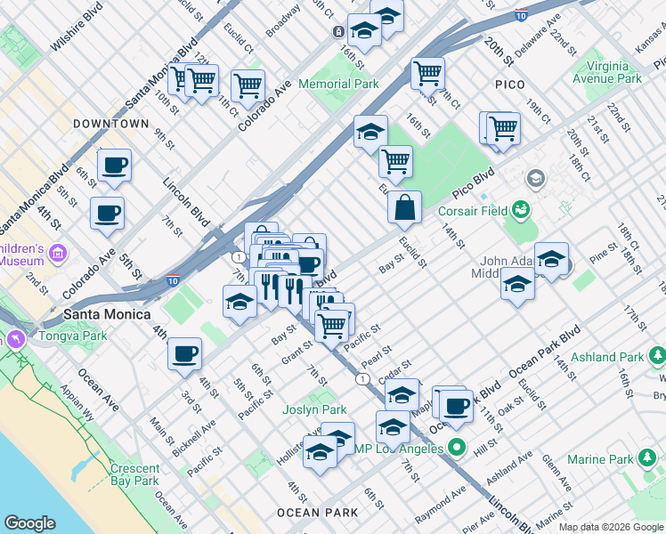 map of restaurants, bars, coffee shops, grocery stores, and more near 1011 Pico Boulevard in Santa Monica