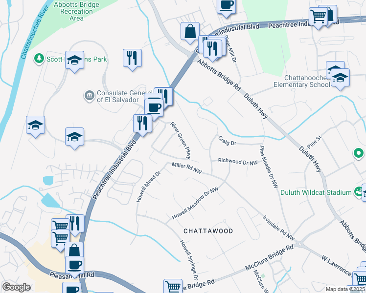 map of restaurants, bars, coffee shops, grocery stores, and more near 3319 Berwick Field Drive in Duluth