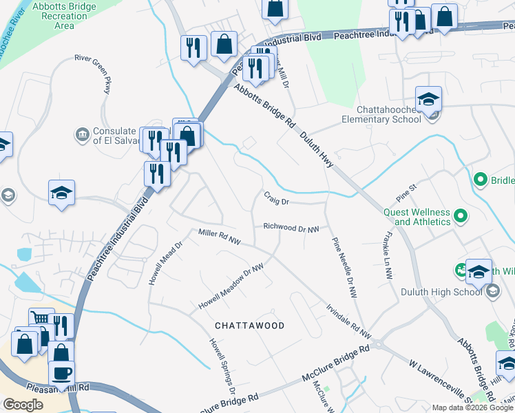 map of restaurants, bars, coffee shops, grocery stores, and more near 4056 Craig Drive in Duluth