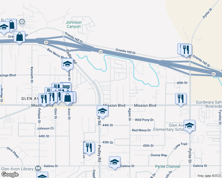 map of restaurants, bars, coffee shops, grocery stores, and more near Francine Avenue in Riverside