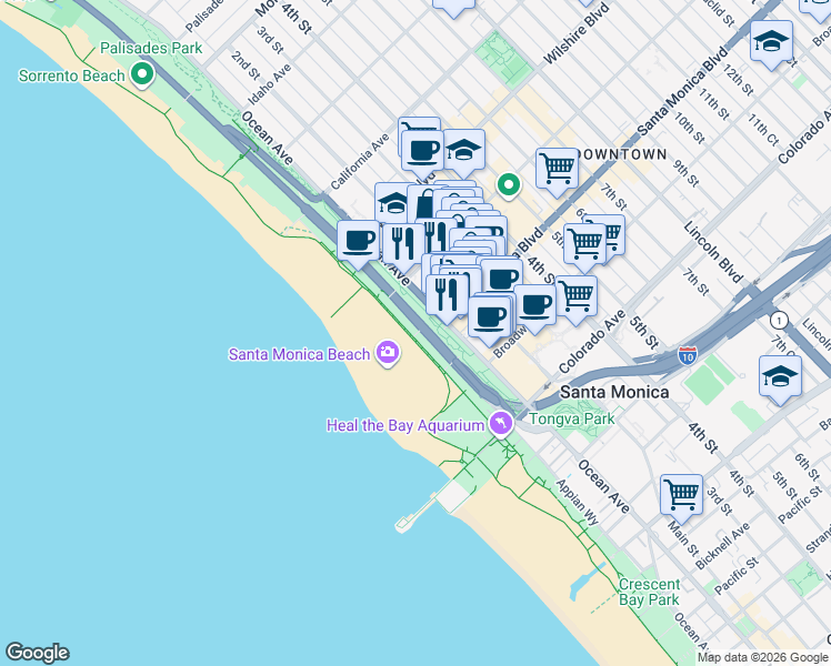 map of restaurants, bars, coffee shops, grocery stores, and more near 1347 Palisades Beach Road in Santa Monica