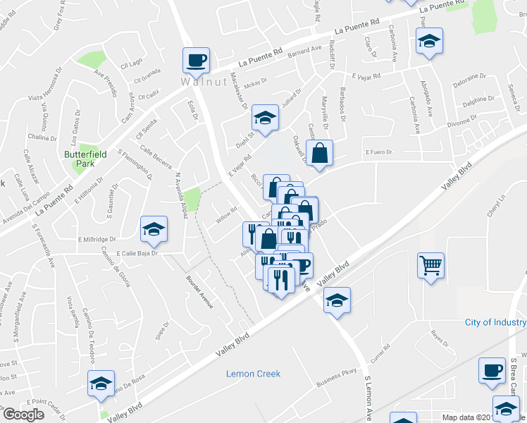 map of restaurants, bars, coffee shops, grocery stores, and more near 20206 Fuero Drive in Walnut