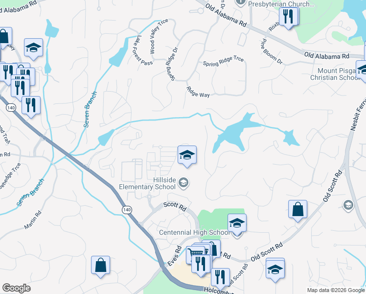 map of restaurants, bars, coffee shops, grocery stores, and more near 590 Willow Oak Way in Roswell