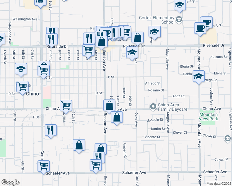 map of restaurants, bars, coffee shops, grocery stores, and more near 13202 17th Street in Chino