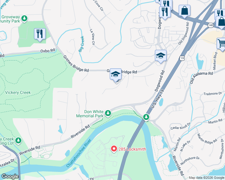 map of restaurants, bars, coffee shops, grocery stores, and more near 700 River Bluff Parkway in Roswell