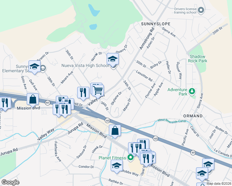 map of restaurants, bars, coffee shops, grocery stores, and more near 3490 Valley Way in Riverside