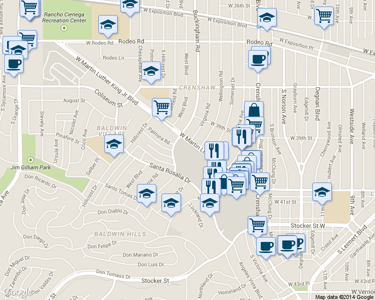 map of restaurants, bars, coffee shops, grocery stores, and more near 3850 West Martin Luther King Junior Boulevard in Los Angeles