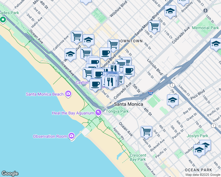map of restaurants, bars, coffee shops, grocery stores, and more near 395 Santa Monica Place in Santa Monica
