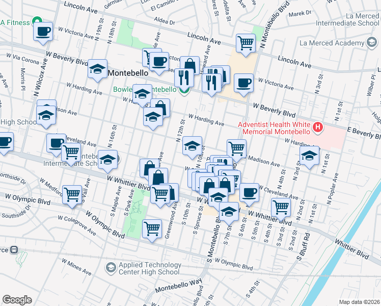 map of restaurants, bars, coffee shops, grocery stores, and more near 204 Woodland Court in Montebello