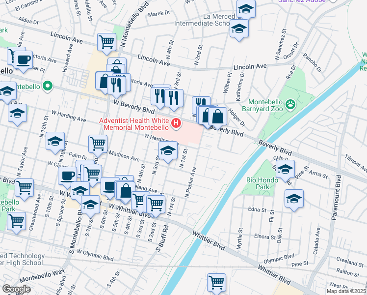 map of restaurants, bars, coffee shops, grocery stores, and more near 107 1/2 West Harding Avenue in Montebello