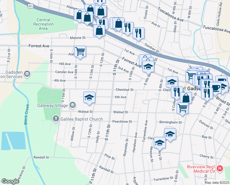 map of restaurants, bars, coffee shops, grocery stores, and more near 1026 Chestnut Street in Gadsden