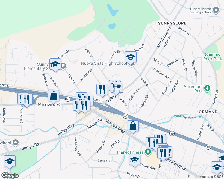 map of restaurants, bars, coffee shops, grocery stores, and more near 6836 36th Street in Riverside