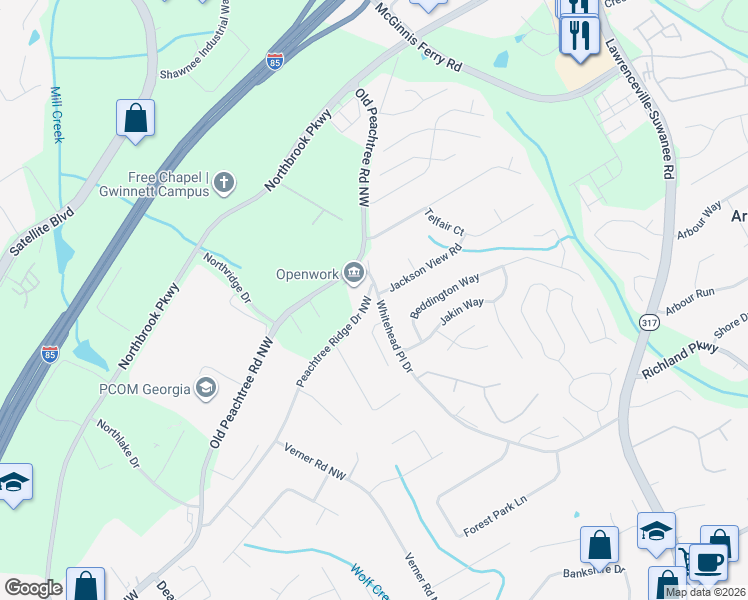 map of restaurants, bars, coffee shops, grocery stores, and more near 450 Peachtree Ridge Drive Northwest in Lawrenceville