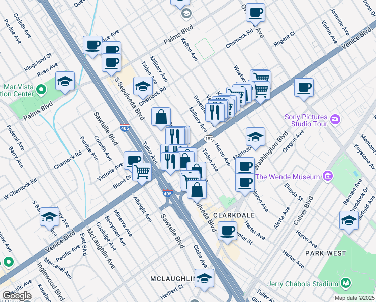map of restaurants, bars, coffee shops, grocery stores, and more near S Bentley Ave & Venice Blvd in Los Angeles
