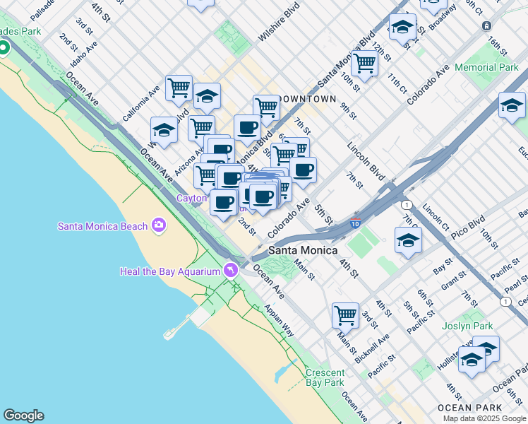map of restaurants, bars, coffee shops, grocery stores, and more near 395 Santa Monica Place in Santa Monica