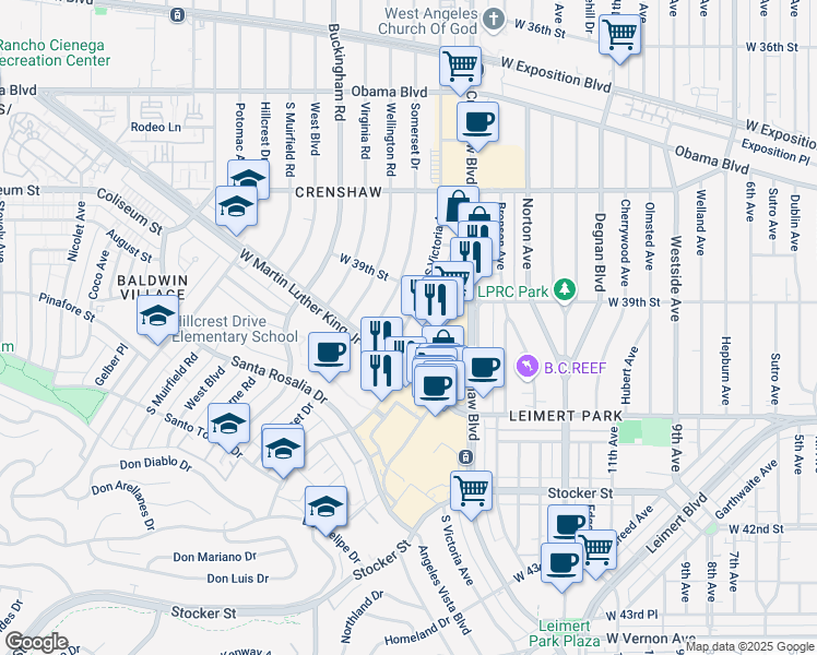 map of restaurants, bars, coffee shops, grocery stores, and more near 3937 South Victoria Avenue in Los Angeles