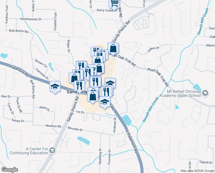 map of restaurants, bars, coffee shops, grocery stores, and more near 2692 Sandy Plains Road in Marietta